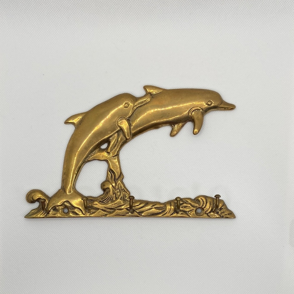 VTG Brass Gold Swimming Dolphins Wave Home Beach Wall Hanging with Five Hooks